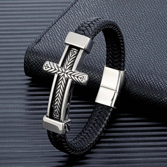 THE MEN THING Leather Bracelet PALADIN CROSS BLACK - Genuine Leather Braided Bracelet with Stainless Steel Magnetic Buckle for Men & Boys (8 inch)