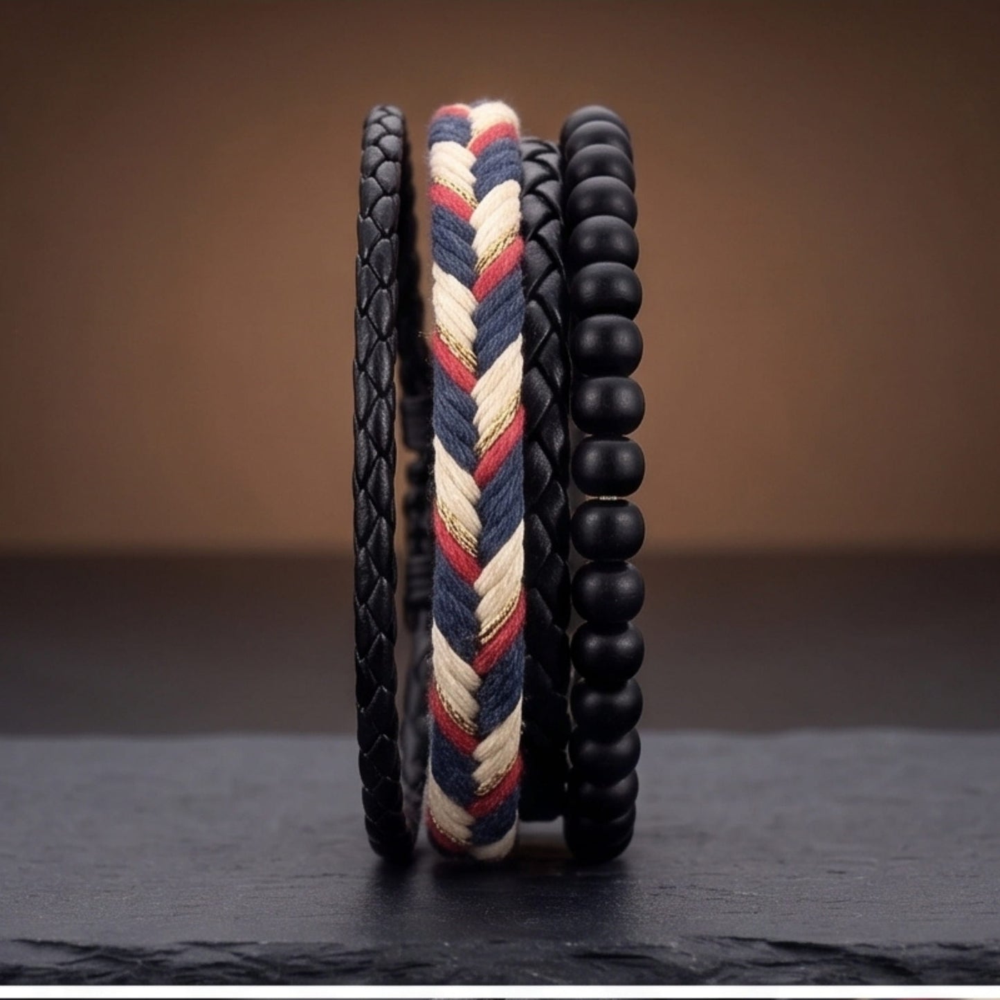 THE MEN THING Leather Bracelet PATRIOT BRAID - 3Pcs Genuine Leather Adjustable Bracelets Set for Men & Boys