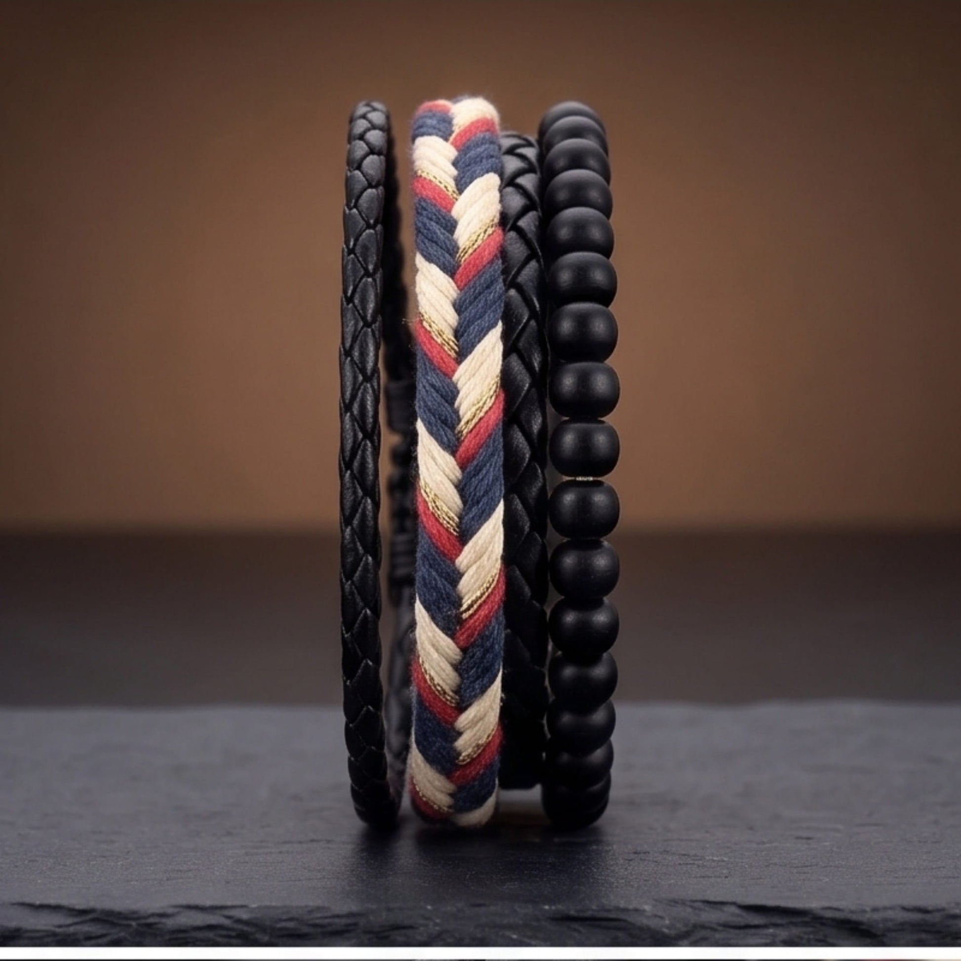 THE MEN THING Leather Bracelet PATRIOT BRAID - 3Pcs Genuine Leather Adjustable Bracelets Set for Men & Boys