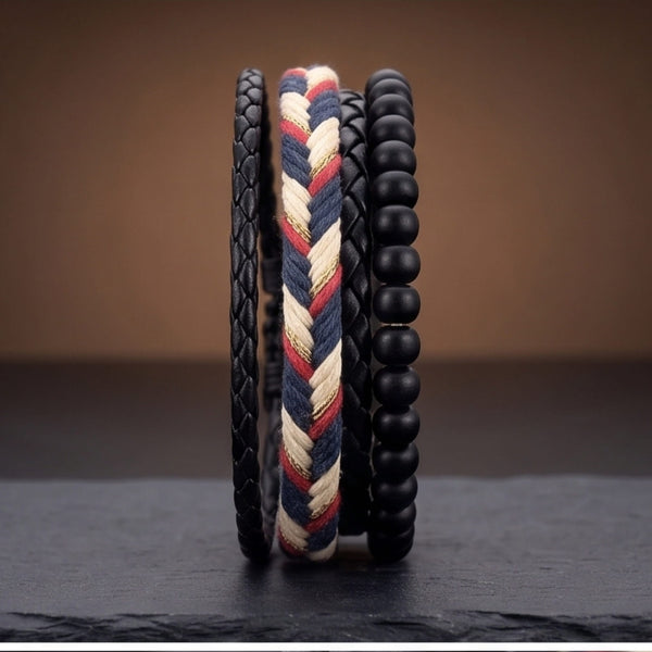 PATRIOT BRAID - 3Pcs Genuine Leather Adjustable Bracelets Set for Men & Boys