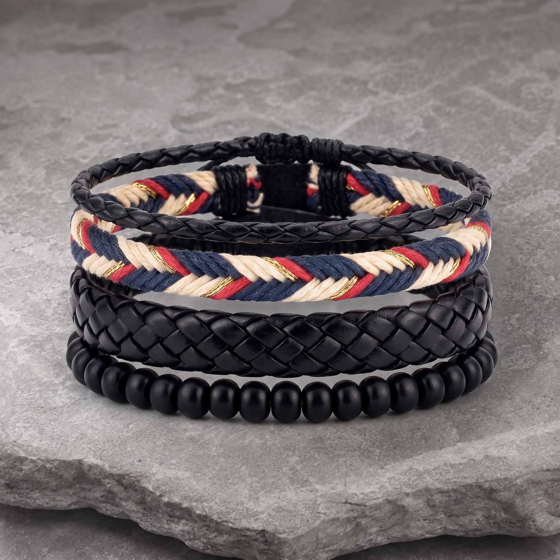 THE MEN THING Leather Bracelet PATRIOT BRAID - 3Pcs Genuine Leather Adjustable Bracelets Set for Men & Boys