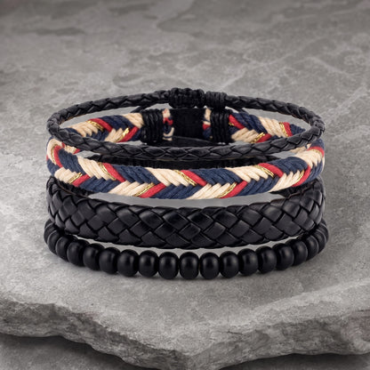 THE MEN THING Leather Bracelet PATRIOT BRAID - 3Pcs Genuine Leather Adjustable Bracelets Set for Men & Boys