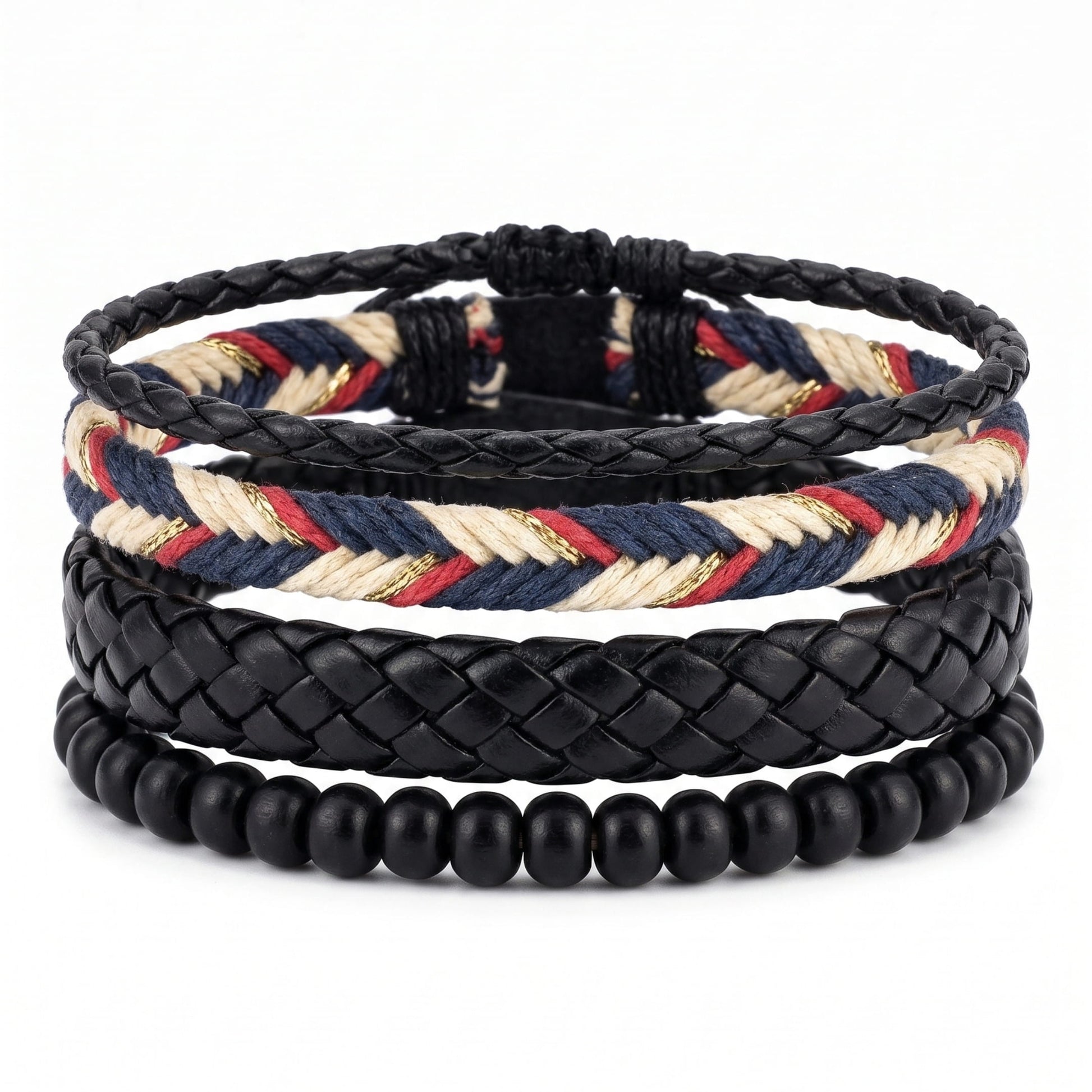 THE MEN THING Leather Bracelet PATRIOT BRAID - 3Pcs Genuine Leather Adjustable Bracelets Set for Men & Boys