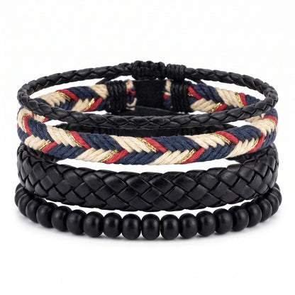 THE MEN THING Leather Bracelet PATRIOT BRAID - 3Pcs Genuine Leather Adjustable Bracelets Set for Men & Boys