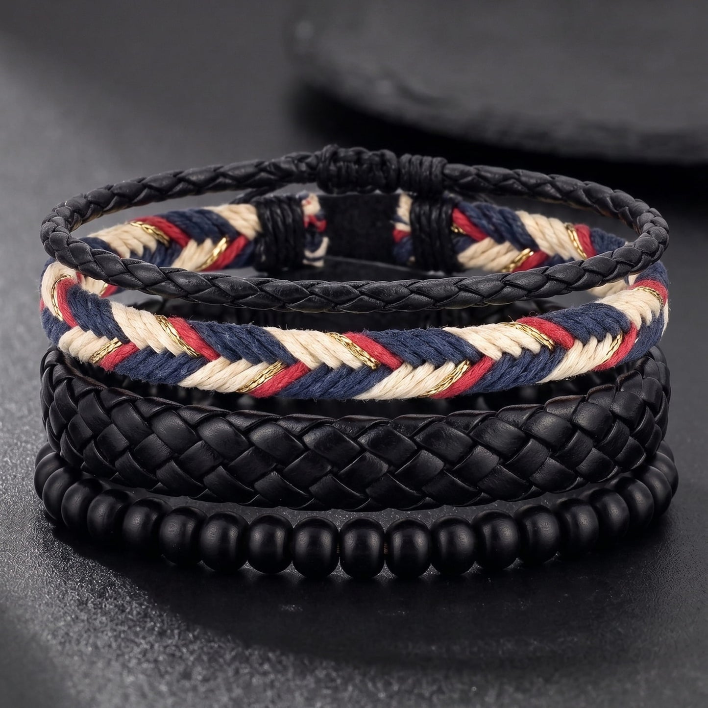 THE MEN THING Leather Bracelet PATRIOT BRAID - 3Pcs Genuine Leather Adjustable Bracelets Set for Men & Boys