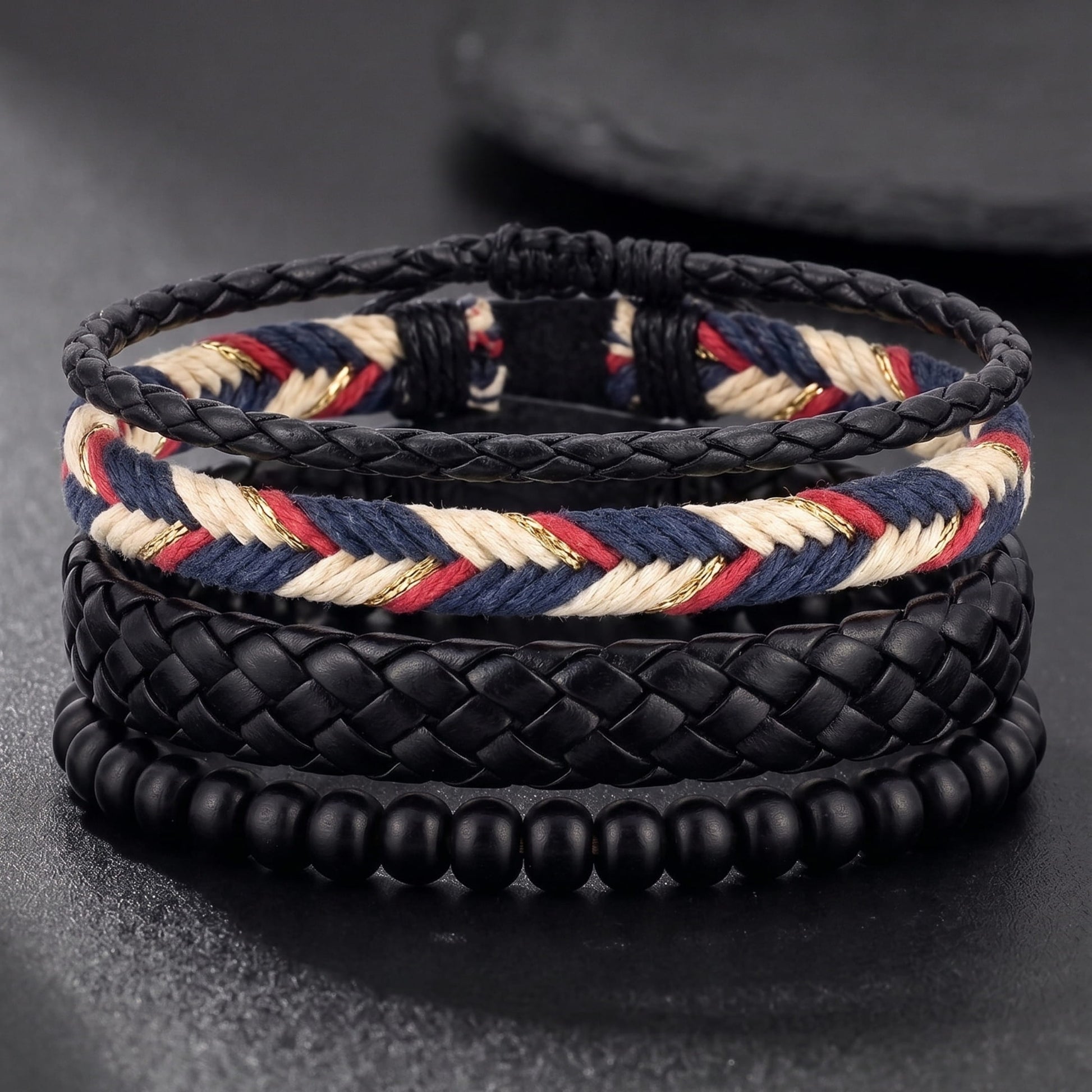 THE MEN THING Leather Bracelet PATRIOT BRAID - 3Pcs Genuine Leather Adjustable Bracelets Set for Men & Boys