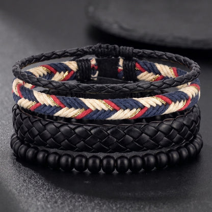 THE MEN THING Leather Bracelet PATRIOT BRAID - 3Pcs Genuine Leather Adjustable Bracelets Set for Men & Boys