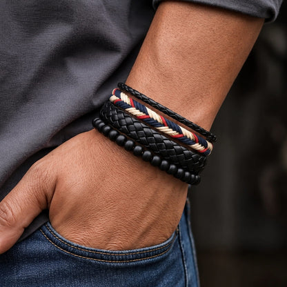 THE MEN THING Leather Bracelet PATRIOT BRAID - 3Pcs Genuine Leather Adjustable Bracelets Set for Men & Boys