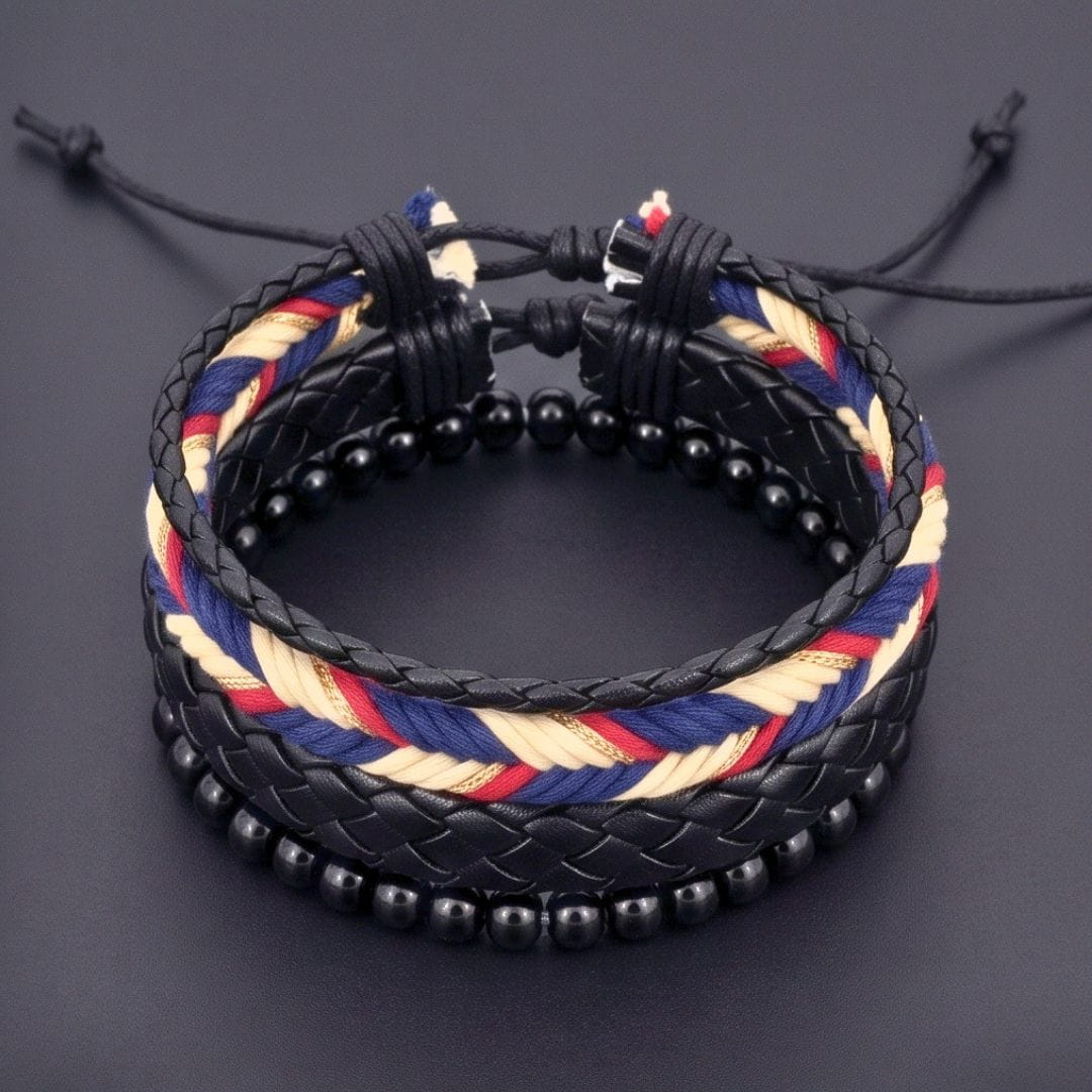 THE MEN THING Leather Bracelet PATRIOT BRAID - 3Pcs Genuine Leather Adjustable Bracelets Set for Men & Boys