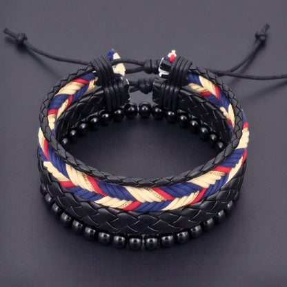 THE MEN THING Leather Bracelet PATRIOT BRAID - 3Pcs Genuine Leather Adjustable Bracelets Set for Men & Boys