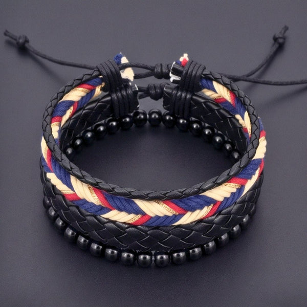 PATRIOT BRAID - 3Pcs Genuine Leather Adjustable Bracelets Set for Men & Boys