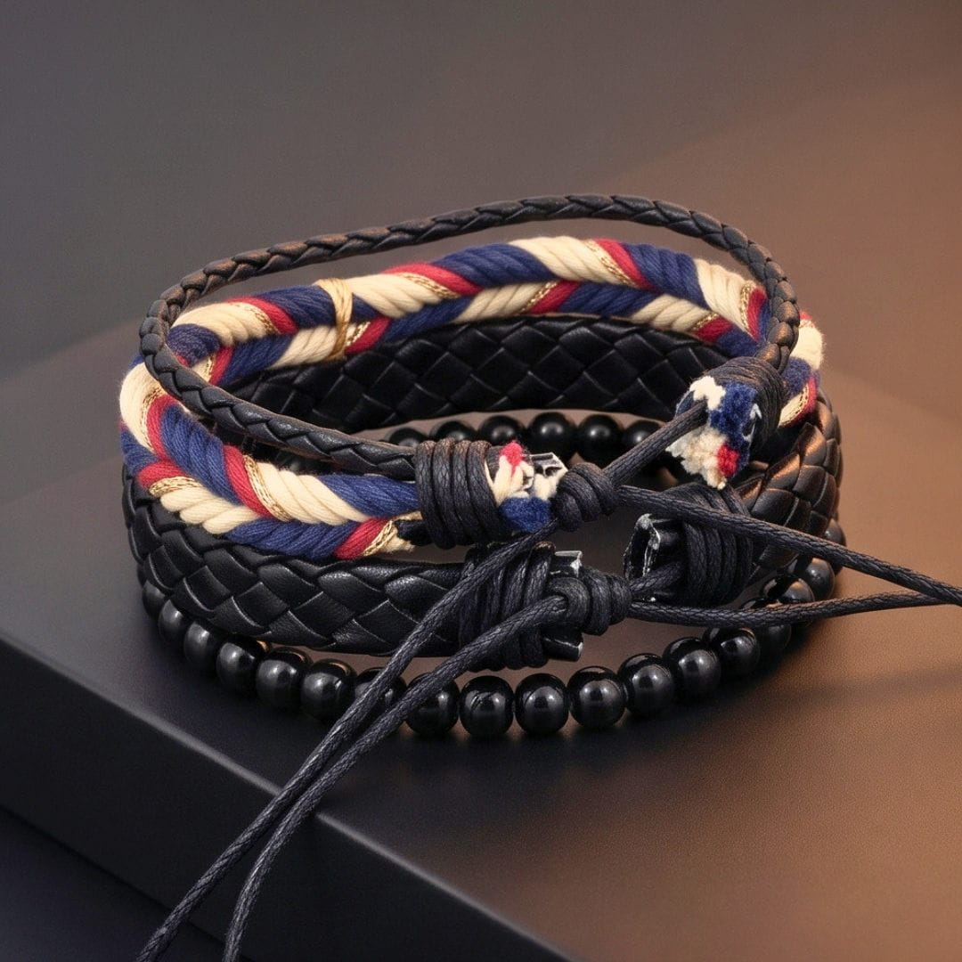 THE MEN THING Leather Bracelet PATRIOT BRAID - 3Pcs Genuine Leather Adjustable Bracelets Set for Men & Boys