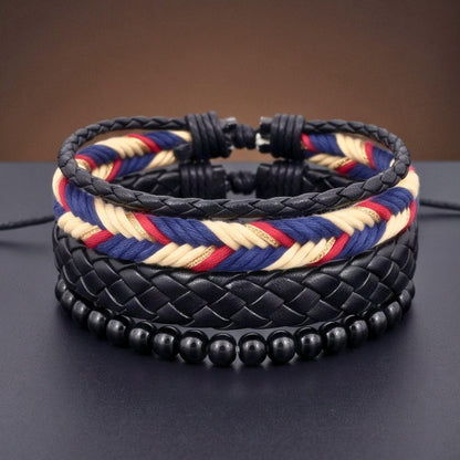 THE MEN THING Leather Bracelet PATRIOT BRAID - 3Pcs Genuine Leather Adjustable Bracelets Set for Men & Boys