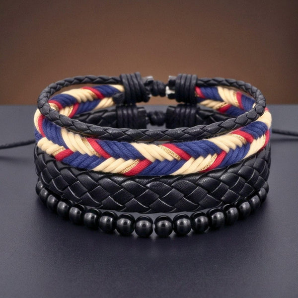PATRIOT BRAID - 3Pcs Genuine Leather Adjustable Bracelets Set for Men & Boys