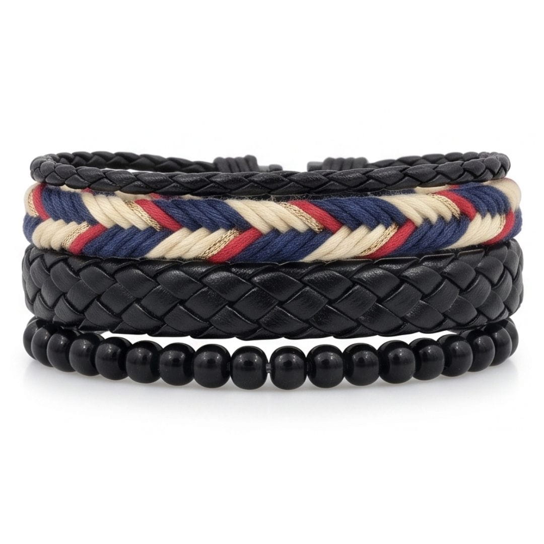 THE MEN THING Leather Bracelet PATRIOT BRAID - 3Pcs Genuine Leather Adjustable Bracelets Set for Men & Boys