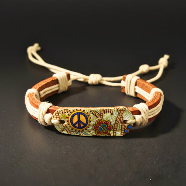 PEACE BLOOM - 18mm Genuine Leather Adjustable Bracelet for Men & Boys (6.5 inch)