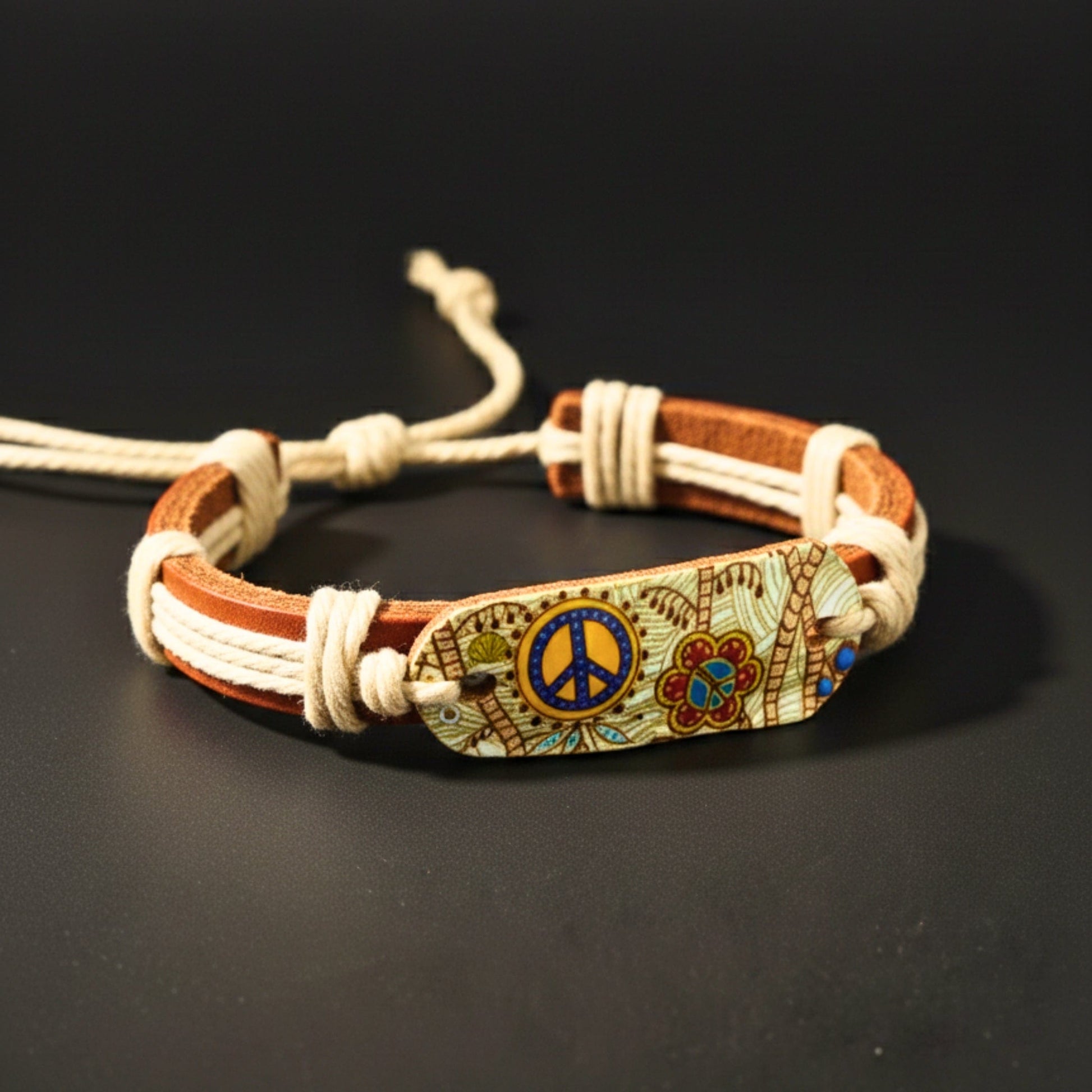 THE MEN THING Leather Bracelet PEACE BLOOM - 18mm Genuine Leather Adjustable Bracelet for Men & Boys (6.5 inch)