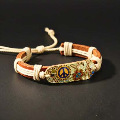 THE MEN THING Leather Bracelet PEACE BLOOM - 18mm Genuine Leather Adjustable Bracelet for Men & Boys (6.5 inch)