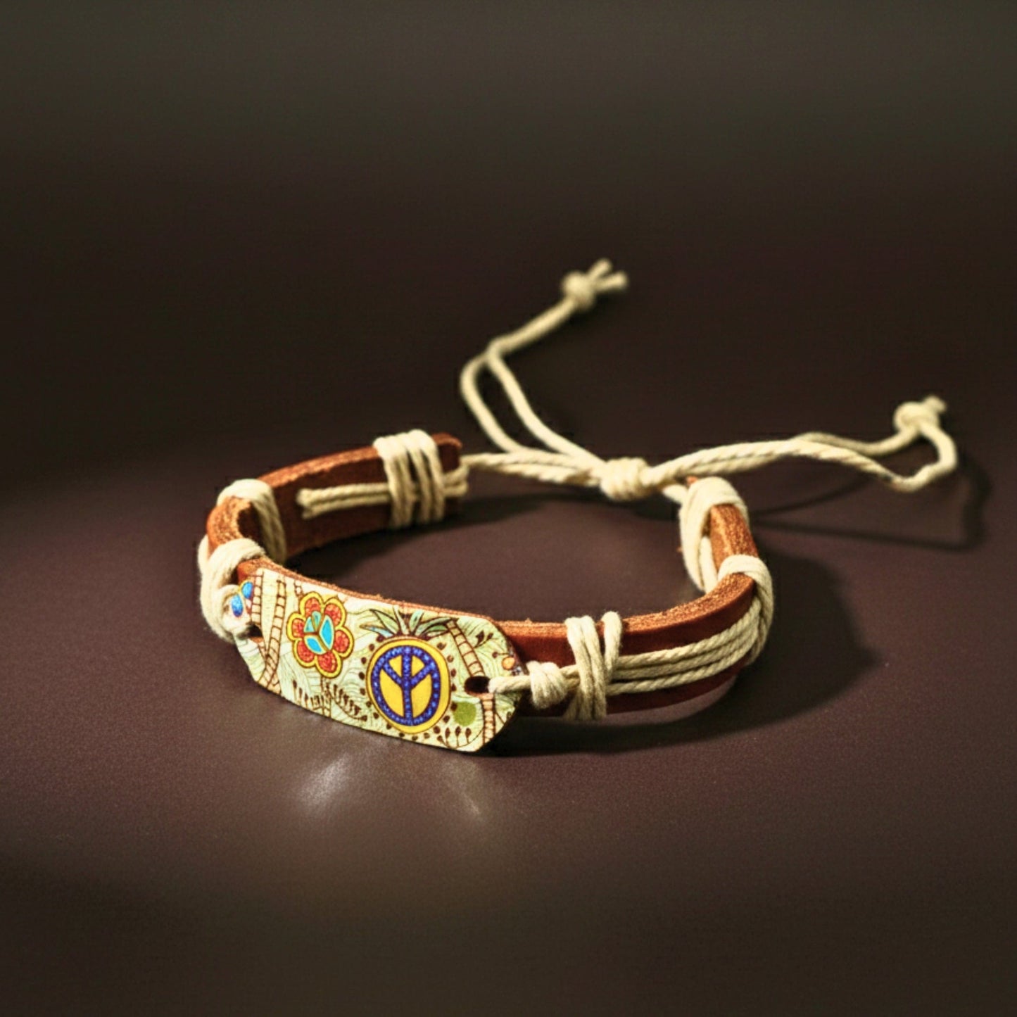 THE MEN THING Leather Bracelet PEACE BLOOM - 18mm Genuine Leather Adjustable Bracelet for Men & Boys (6.5 inch)