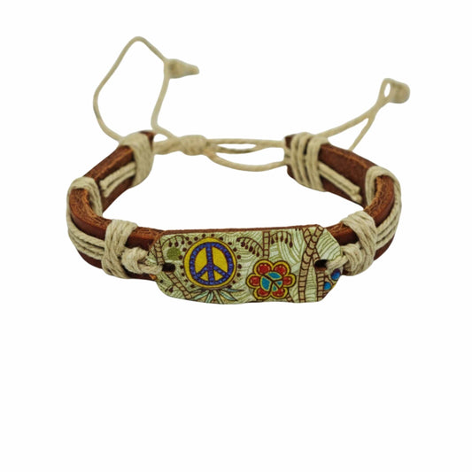 THE MEN THING Leather Bracelet PEACE BLOOM - 18mm Genuine Leather Adjustable Bracelet for Men & Boys (6.5 inch)