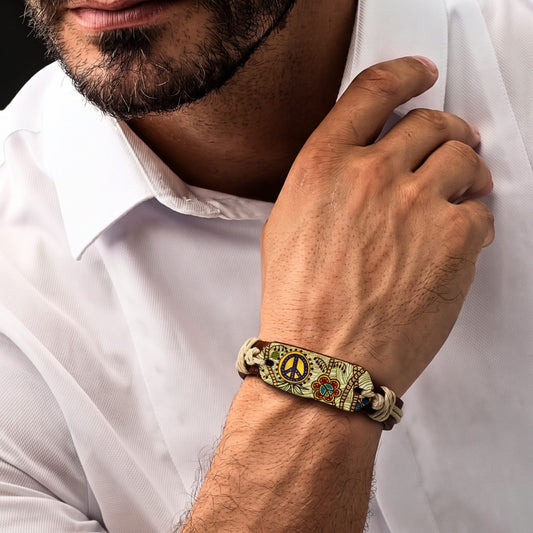 THE MEN THING Leather Bracelet PEACE BLOOM - 18mm Genuine Leather Adjustable Bracelet for Men & Boys (6.5 inch)