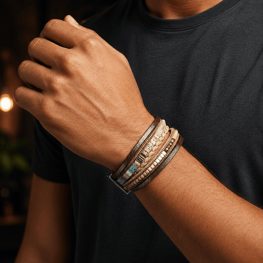 THE MEN THING Leather Bracelet PHARAOH - Brown Genuine Braided Leather Bracelet Set for Men & Boys (8 inch)