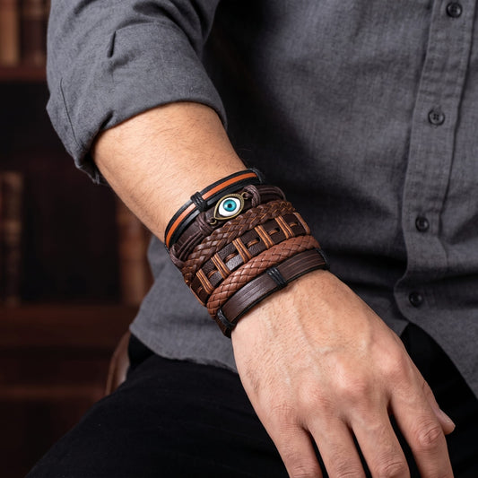 THE MEN THING Leather Bracelet PROTECTOR GAZE - 6 Pcs Genuine Leather Adjustable Bracelet for Men & Boys