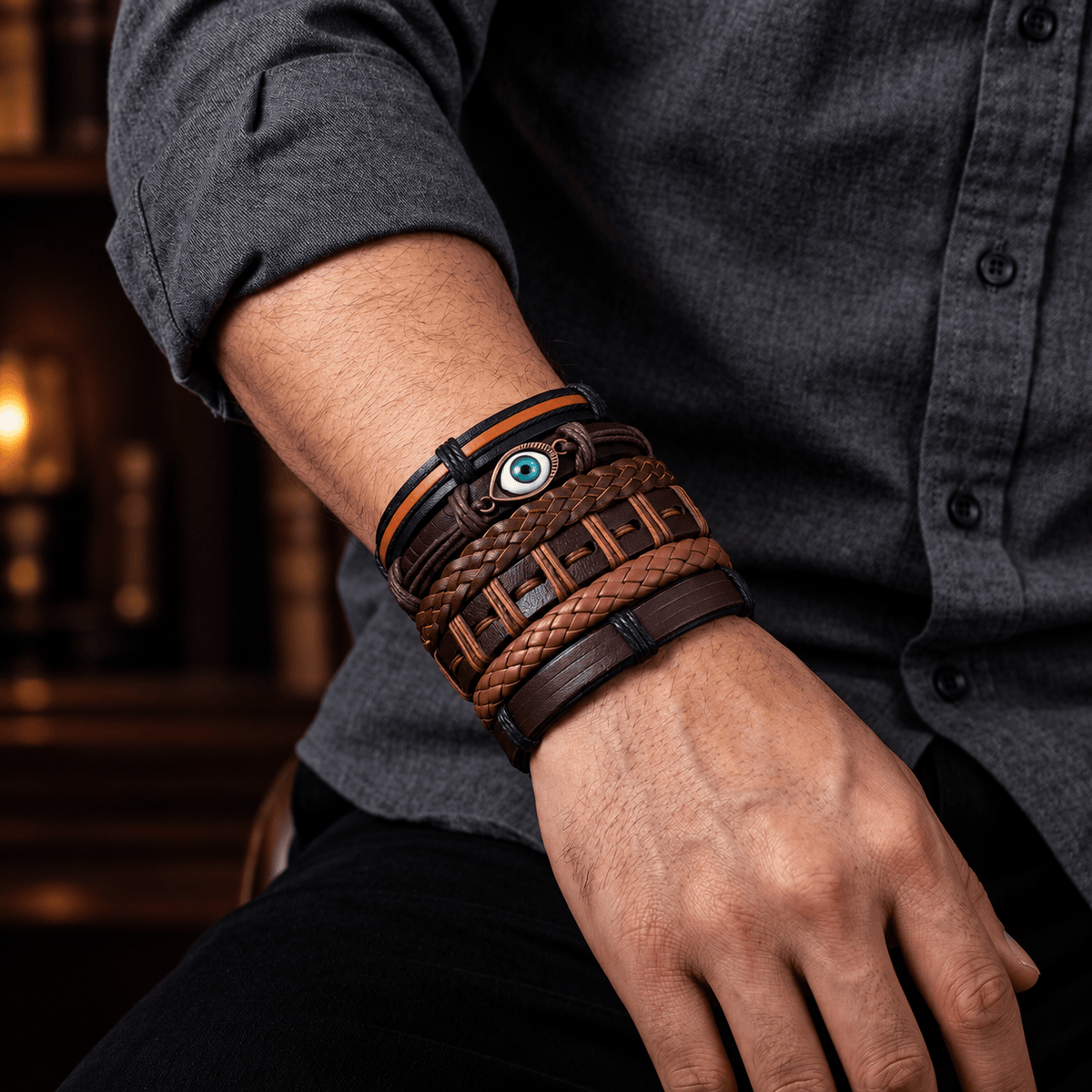 THE MEN THING Leather Bracelet PROTECTOR GAZE - 6 Pcs Genuine Leather Adjustable Bracelet for Men & Boys