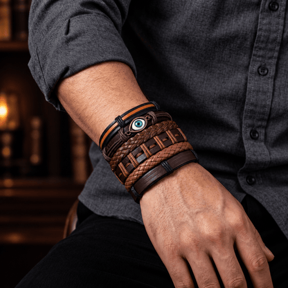 THE MEN THING Leather Bracelet PROTECTOR GAZE - 6 Pcs Genuine Leather Adjustable Bracelet for Men & Boys