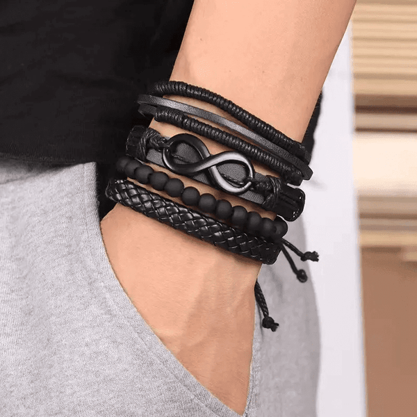 QUADRA-FUSION INFINITY BLACK -  Leather Bracelet for Men - 4Pcs Black Genuine Braided Leather Bracelet Set, Tribal Woven Ethnic Wrap Infinity Bracelet for Men & Boys (8inch)