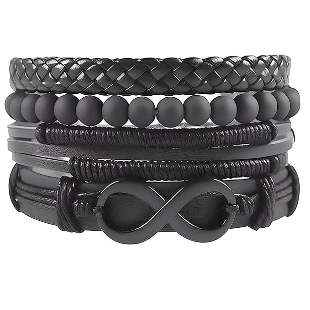 THE MEN THING Leather Bracelet QUADRA-FUSION INFINITY BLACK -  Leather Bracelet for Men - 4Pcs Black Genuine Braided Leather Bracelet Set, Tribal Woven Ethnic Wrap Infinity Bracelet for Men & Boys (8inch)