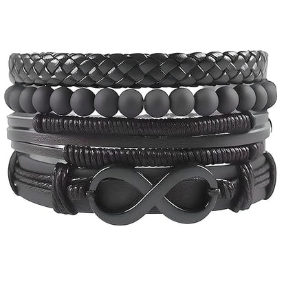 THE MEN THING Leather Bracelet QUADRA-FUSION INFINITY BLACK -  Leather Bracelet for Men - 4Pcs Black Genuine Braided Leather Bracelet Set, Tribal Woven Ethnic Wrap Infinity Bracelet for Men & Boys (8inch)