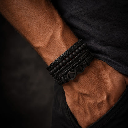THE MEN THING Leather Bracelet QUADRA-FUSION INFINITY BLACK - Leather Bracelet Set, 4pcs Black Genuine Braided Leather Bracelets, Tribal Woven Ethnic Wrap Infinity Bracelet for Men & Boys (8inch)