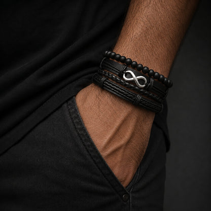 THE MEN THING Leather Bracelet QUADRA-FUSION INFINITY SILVER - 4 Pcs Black Genuine Braided Leather Bracelet Set, Tribal Woven Ethnic Wrap Infinity Bracelet for Men & Boys (8 inch)
