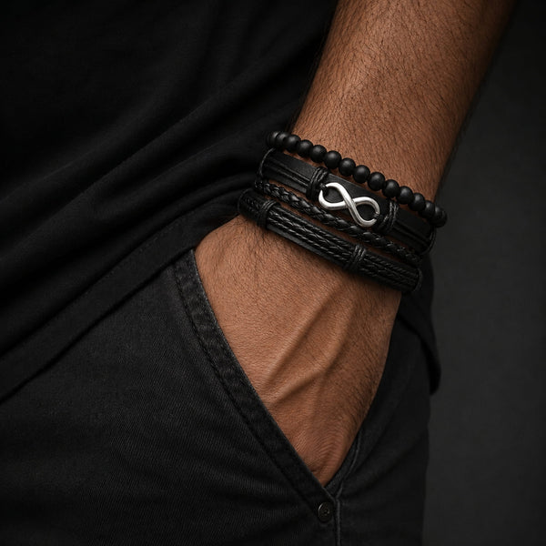 QUADRA-FUSION INFINITY SILVER - 4 Pcs Black Genuine Braided Leather Bracelet Set, Tribal Woven Ethnic Wrap Infinity Bracelet for Men & Boys (8 inch)