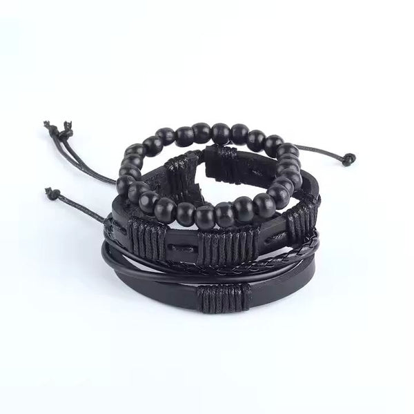 QUANTUM FORCE  -  3 Pcs Genuine Braided Leather Bracelet Set for Men & Boys (8 inch)
