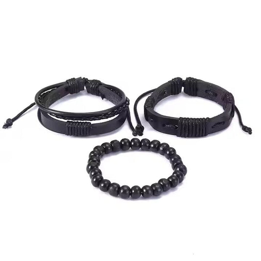 THE MEN THING Leather Bracelet QUANTUM FORCE  -  3 Pcs Genuine Braided Leather Bracelet Set for Men & Boys (8 inch)