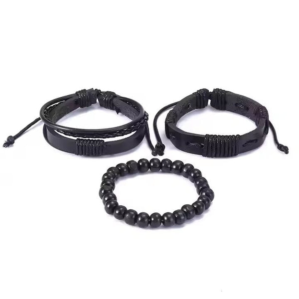QUANTUM FORCE  -  3 Pcs Genuine Braided Leather Bracelet Set for Men & Boys (8 inch)