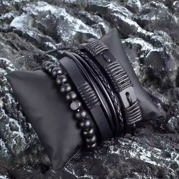 QUANTUM FORCE  -  3 Pcs Genuine Braided Leather Bracelet Set for Men & Boys (8 inch)