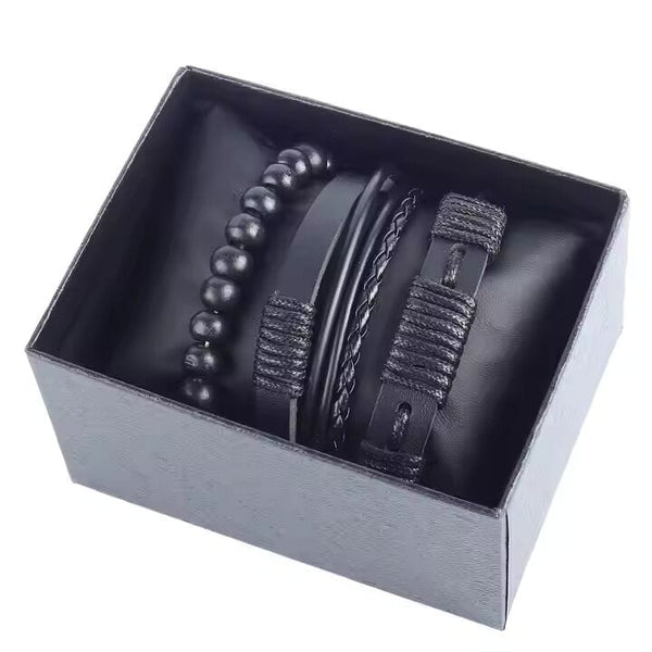 QUANTUM FORCE  -  3 Pcs Genuine Braided Leather Bracelet Set for Men & Boys (8 inch)