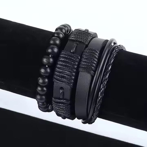 QUANTUM FORCE  -  3 Pcs Genuine Braided Leather Bracelet Set for Men & Boys (8 inch)