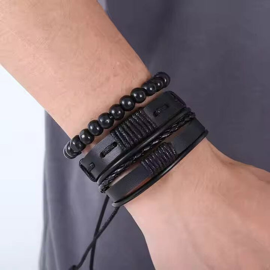 THE MEN THING Leather Bracelet QUANTUM FORCE  -  3 Pcs Genuine Braided Leather Bracelet Set for Men & Boys (8 inch)