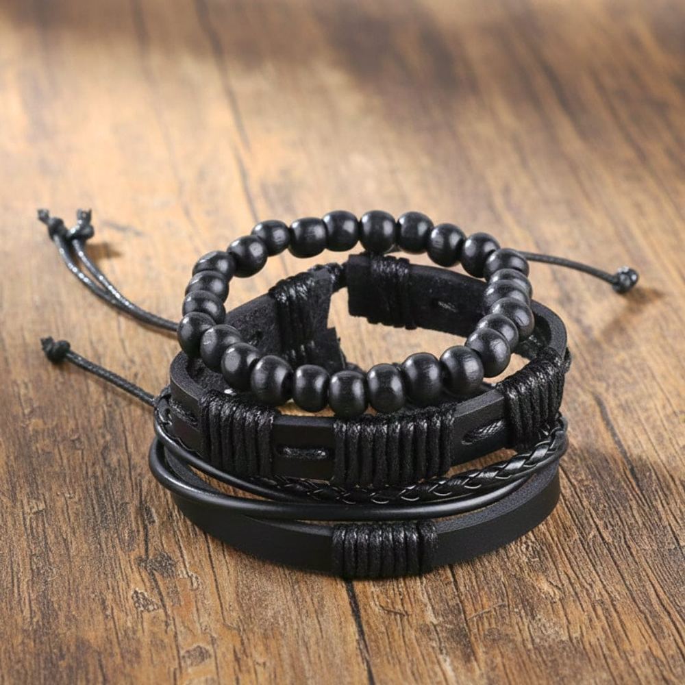 THE MEN THING Leather Bracelet QUANTUM FORCE - 3 Pcs Genuine Braided Leather Bracelet Set for Men & Boys (8 inch)