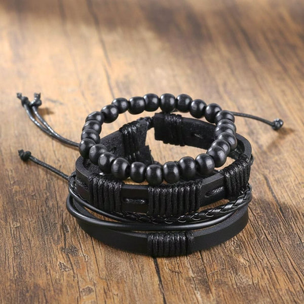 QUANTUM FORCE - 3 Pcs Genuine Braided Leather Bracelet Set for Men & Boys (8 inch)