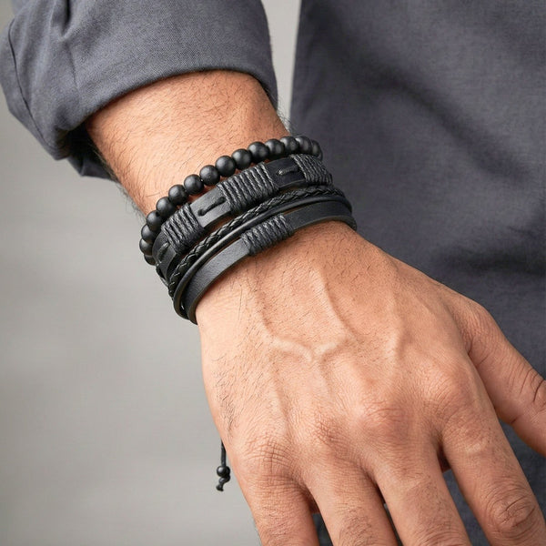 QUANTUM FORCE - 3 Pcs Genuine Braided Leather Bracelet Set for Men & Boys (8 inch)
