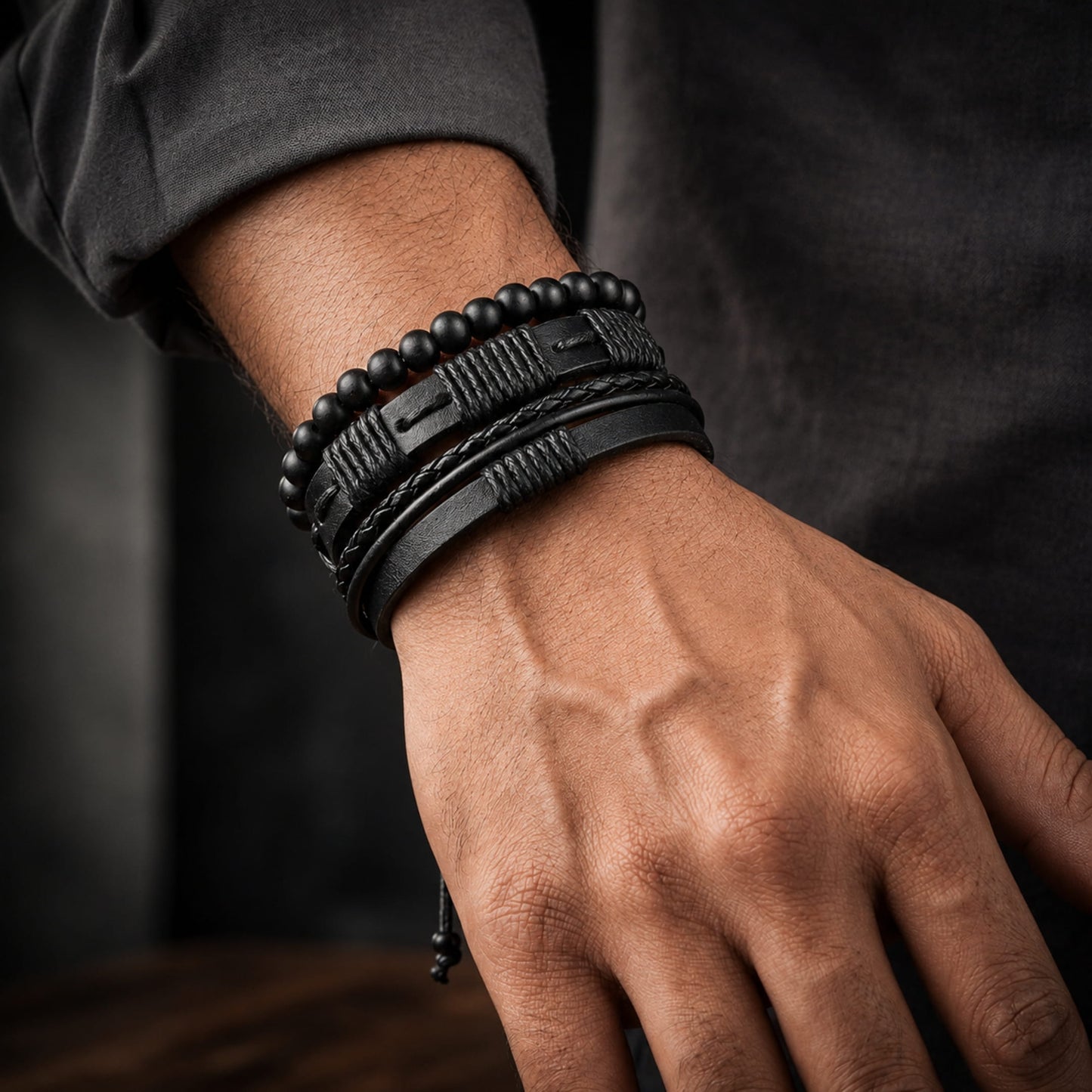 THE MEN THING Leather Bracelet QUANTUM FORCE - 3 Pcs Genuine Braided Leather Bracelet Set for Men & Boys (8 inch)