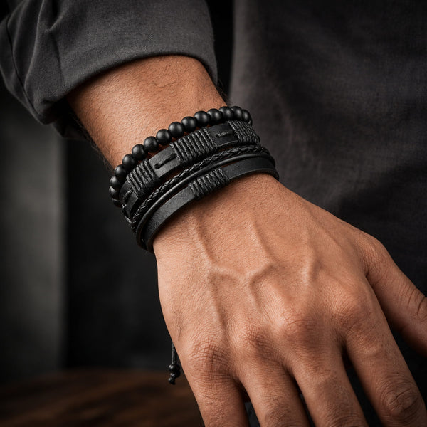 QUANTUM FORCE - 3 Pcs Genuine Braided Leather Bracelet Set for Men & Boys (8 inch)