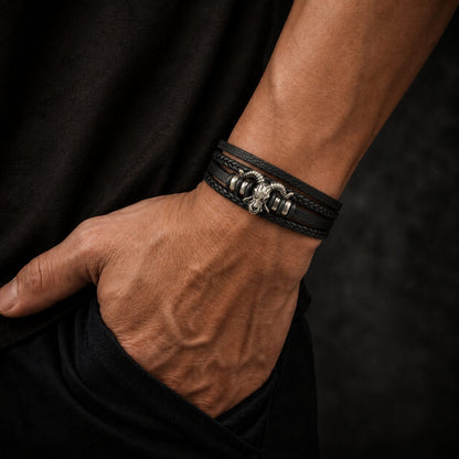 THE MEN THING Leather Bracelet RAM SKULL - Genuine Leather Multi-Layer Bracelet with Stainless Steel Magnetic Buckle for Men & Boys (8 inch)
