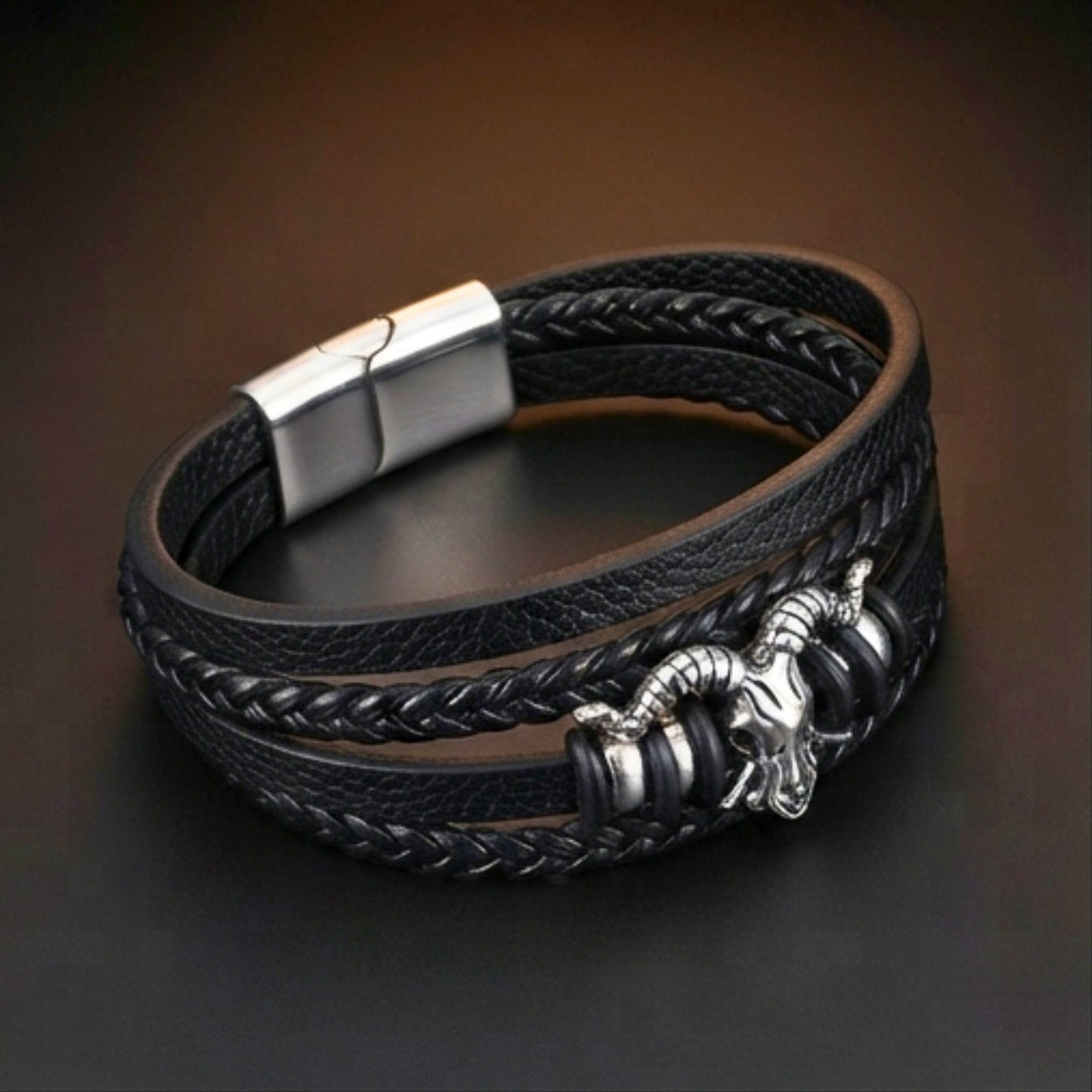THE MEN THING Leather Bracelet RAM SKULL - Genuine Leather Multi-Layer Bracelet with Stainless Steel Magnetic Buckle for Men & Boys (8 inch)