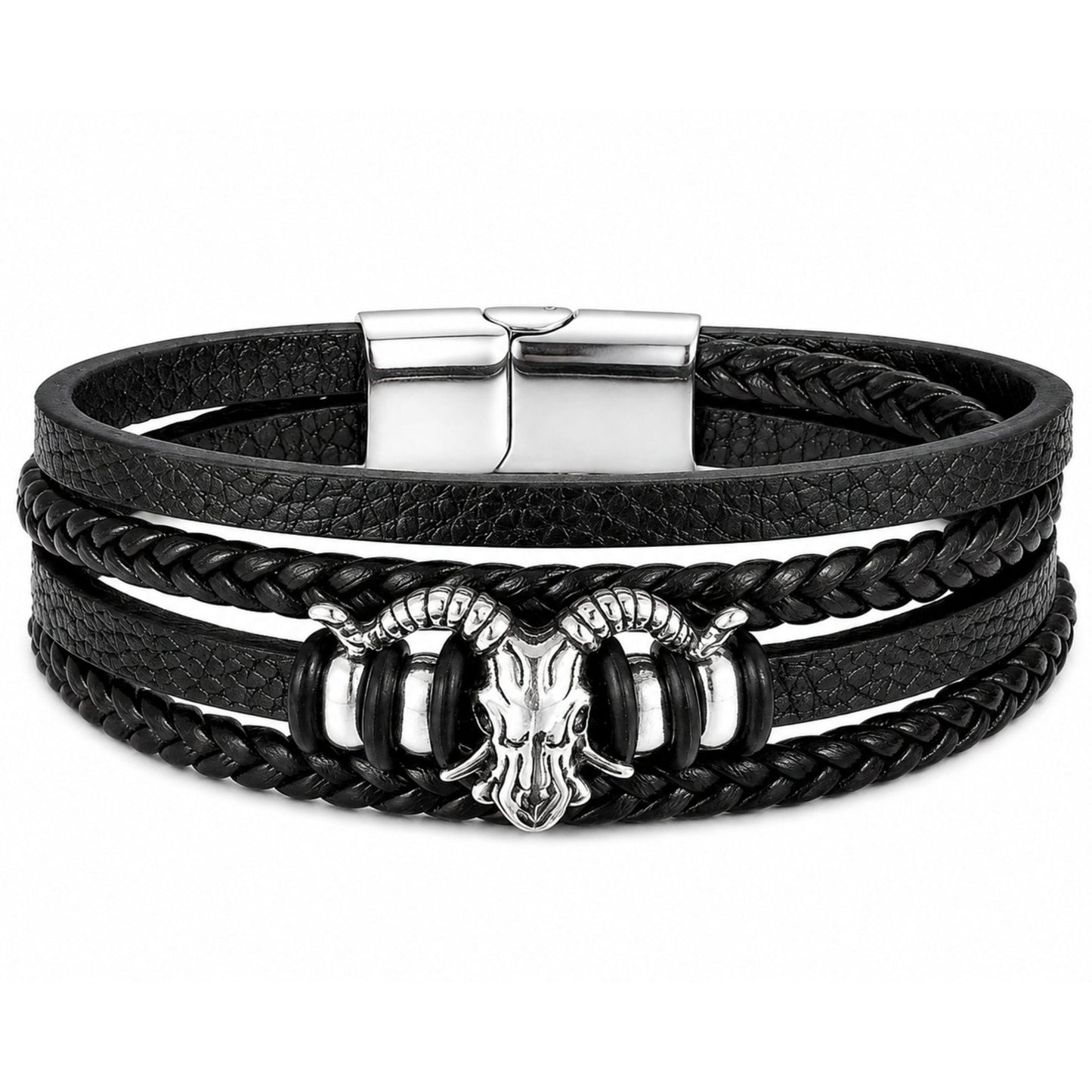 THE MEN THING Leather Bracelet RAM SKULL - Genuine Leather Multi-Layer Bracelet with Stainless Steel Magnetic Buckle for Men & Boys (8 inch)